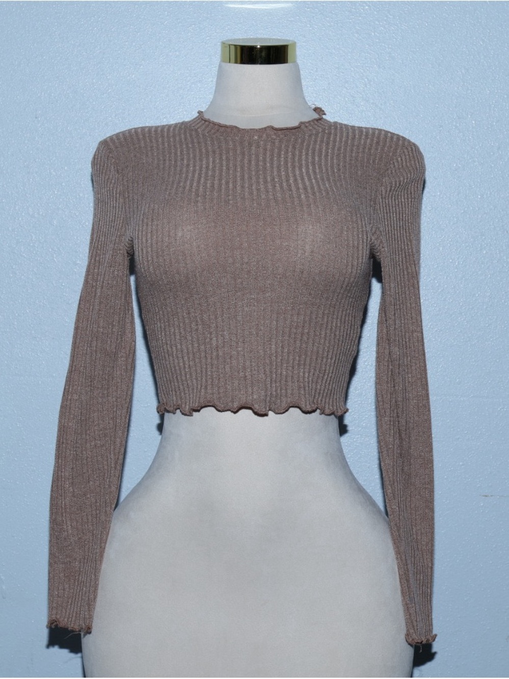 SHEIN Brown Ribbed Lettuce-Edge Long Sleeve Crop Top
